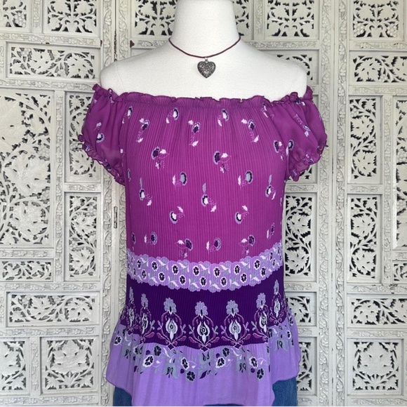 new directions Tops - New Directions Purple Crinkle Off The Shoulder Sheer Blouse Sz‎ Large